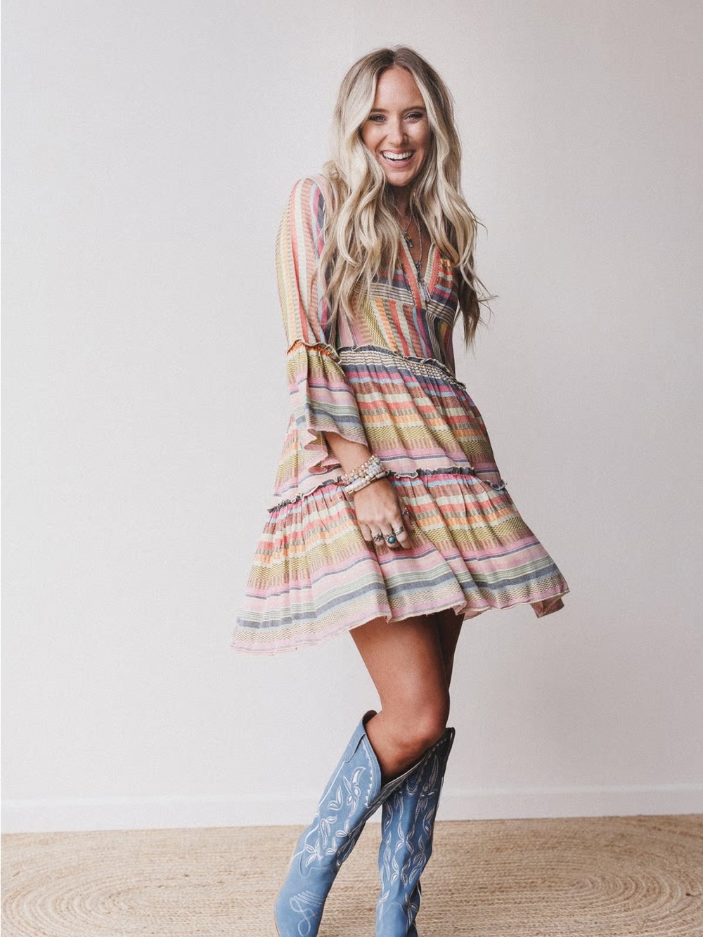 En Crème Keepsake Boho Striped Mini Dress Bell Sleeve M - Picture 3 of 7
